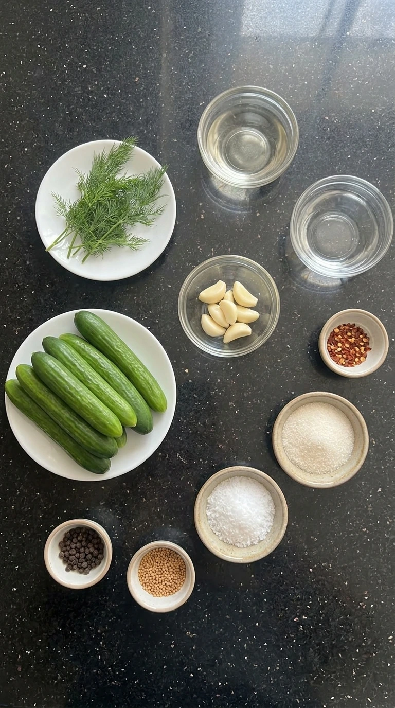 Ingredients for refrigerator pickles in separate bowls