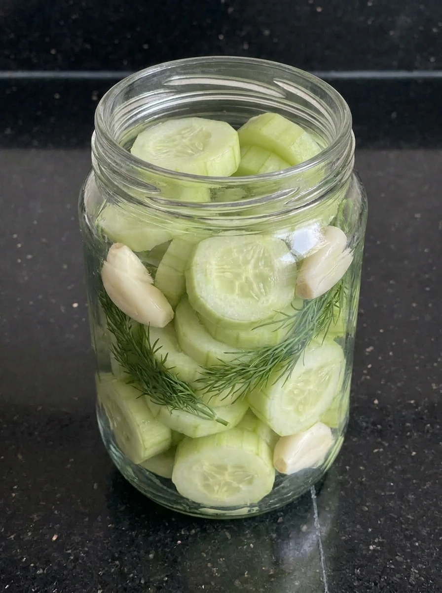 Cucumbers packed with dill and garlic in a jar