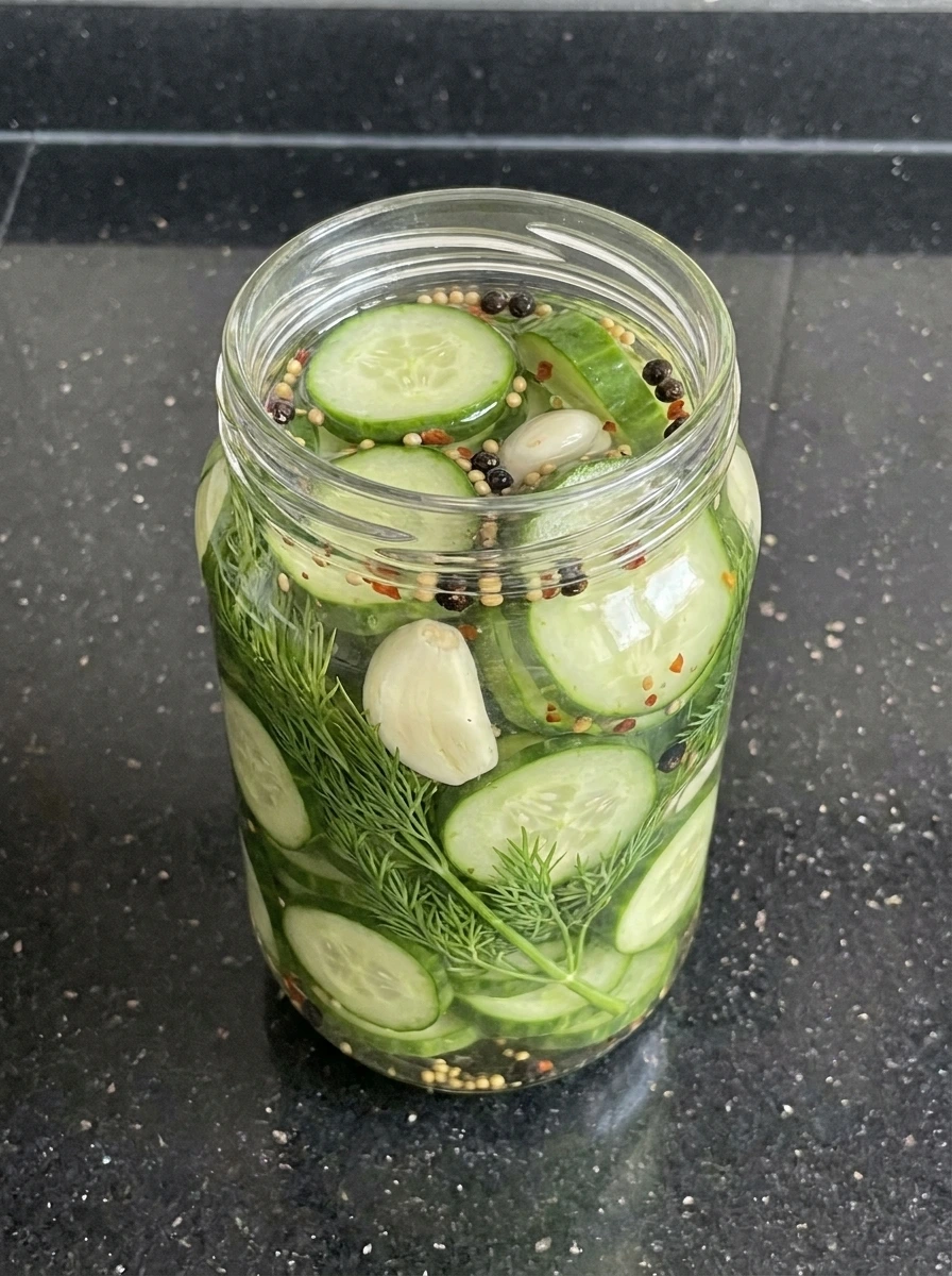 Brine poured over cucumbers for refrigerator pickles