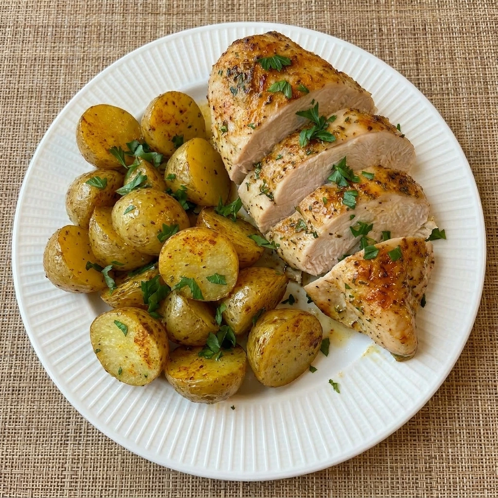 Sheet Pan Chicken and Potatoes with golden roasted potatoes and juicy sliced chicken