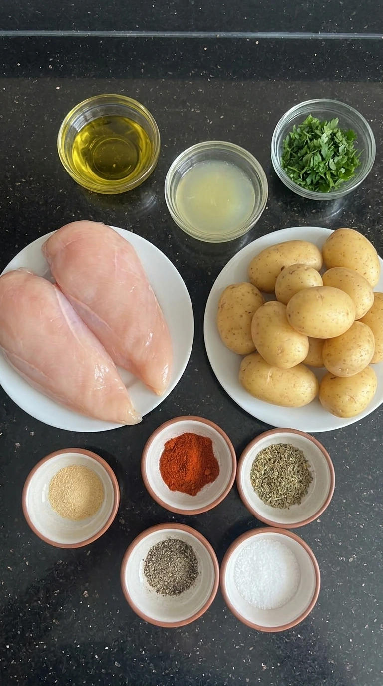Raw ingredients for Sheet Pan Chicken and Potatoes in separate small containers