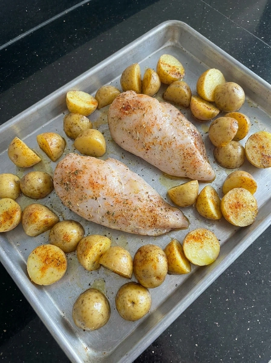 Partly roasted Sheet Pan Chicken and Potatoes with light browning