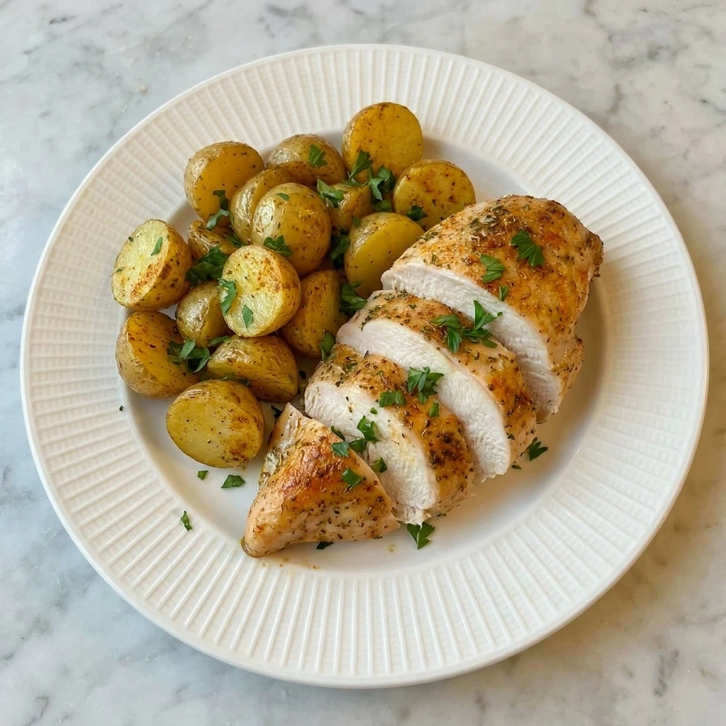 Plated serving of Sheet Pan Chicken and Potatoes with parsley