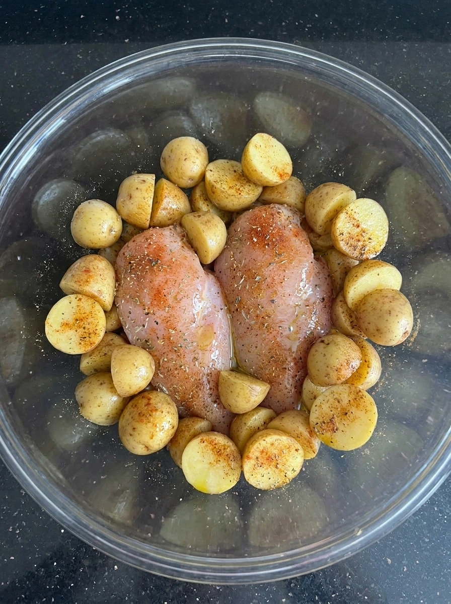 Seasoned chicken and halved potatoes for Sheet Pan Chicken and Potatoes