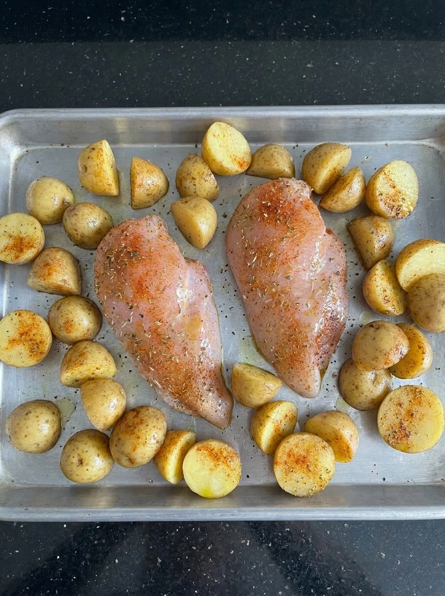 Chicken and potatoes spread on a sheet pan before roasting