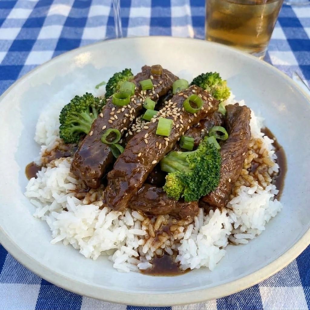 Slow Cooker Beef and Broccoli served with glossy sauce and tender broccoli