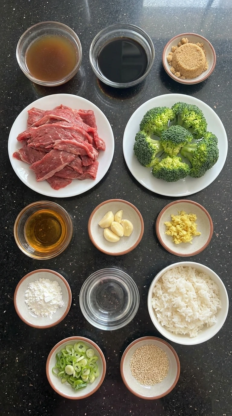 Ingredients for Slow Cooker Beef and Broccoli in separate containers