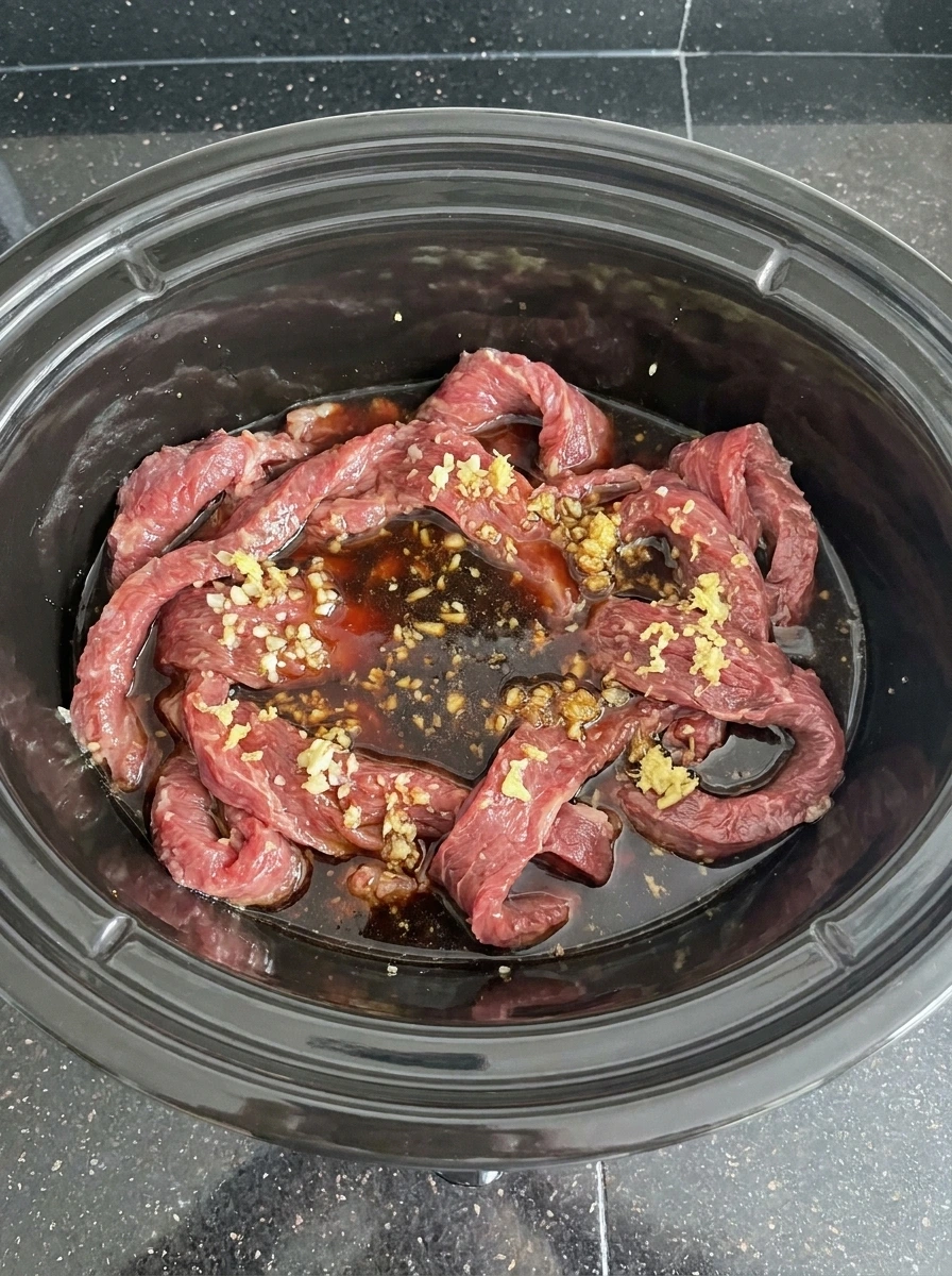 Sliced beef coated with sauce for Slow Cooker Beef and Broccoli