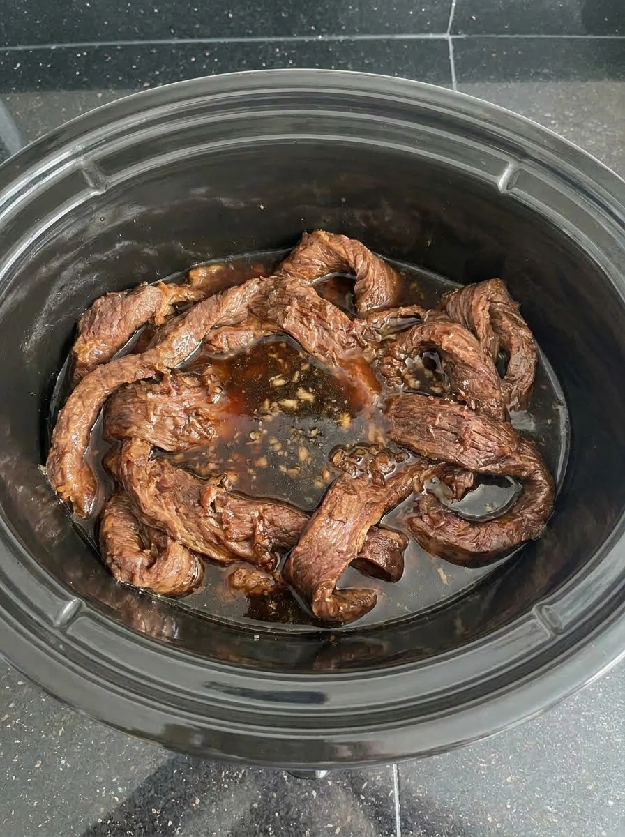 Tender beef cooking in sauce for Slow Cooker Beef and Broccoli
