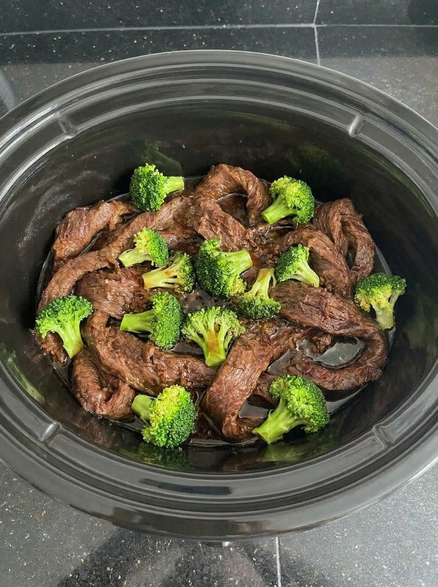 Broccoli added to Slow Cooker Beef and Broccoli with thick sauce