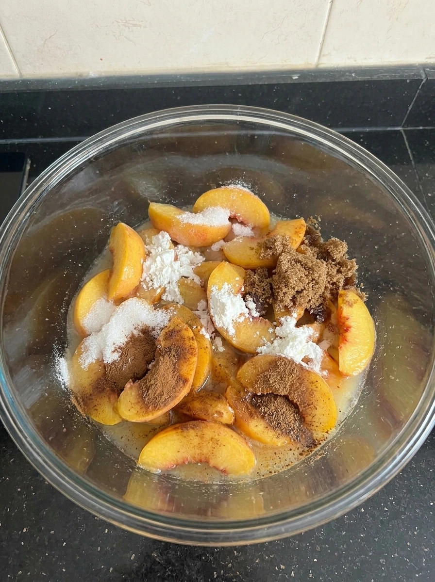 Sliced peaches coated for Southern Peach Pie Perfection