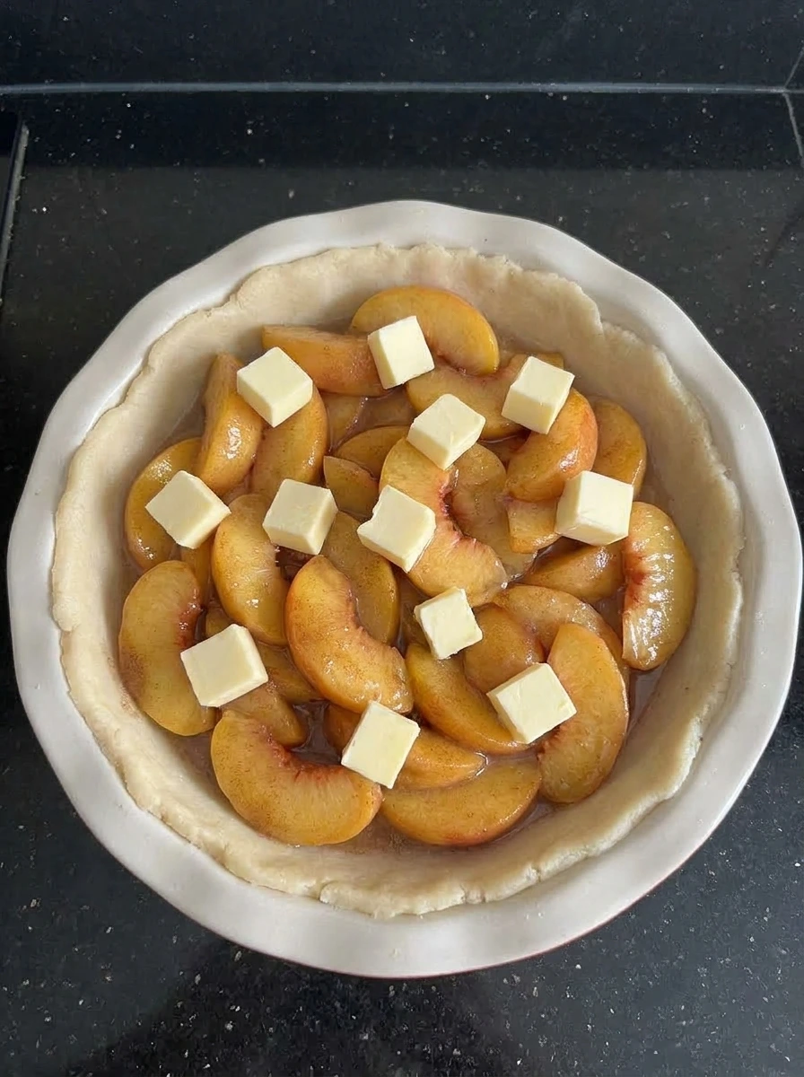 Peach filling added to bottom crust for Southern Peach Pie Perfection