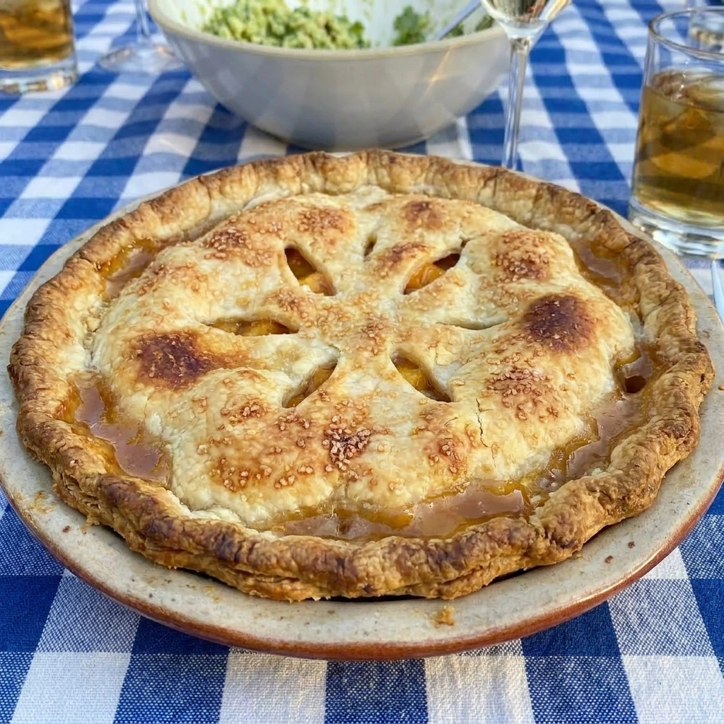 Southern Peach Pie Perfection baked with golden crust and juicy peach filling