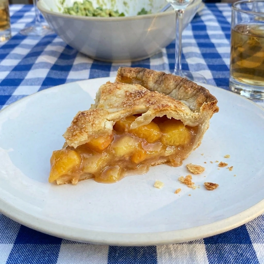 Slice of Southern Peach Pie Perfection served on a white plate