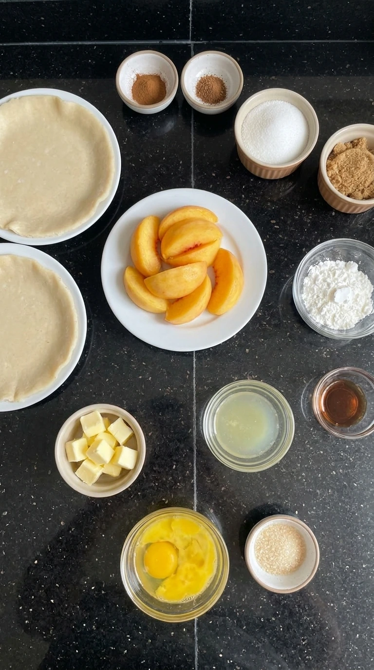 Ingredients for Southern Peach Pie Perfection arranged in separate containers