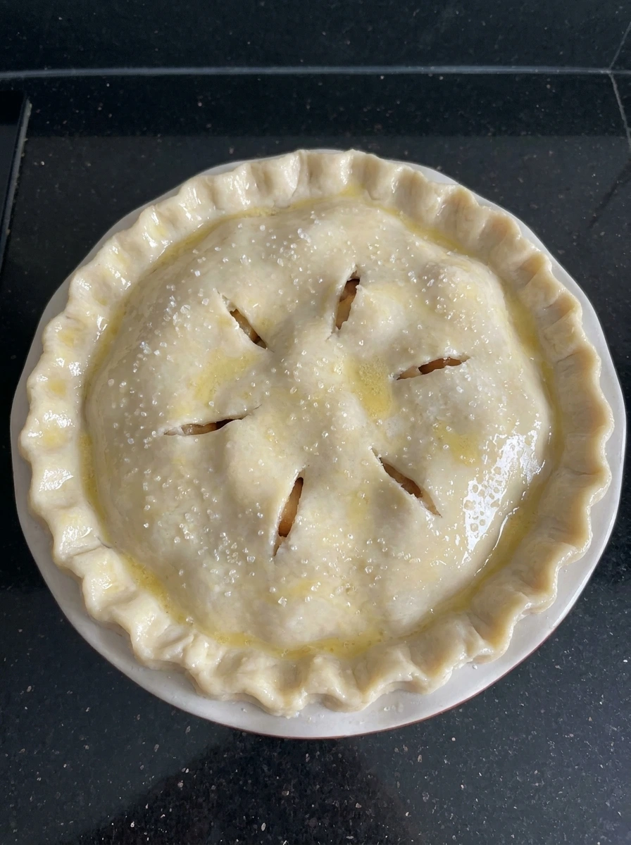 Top crust sealed over Southern Peach Pie Perfection