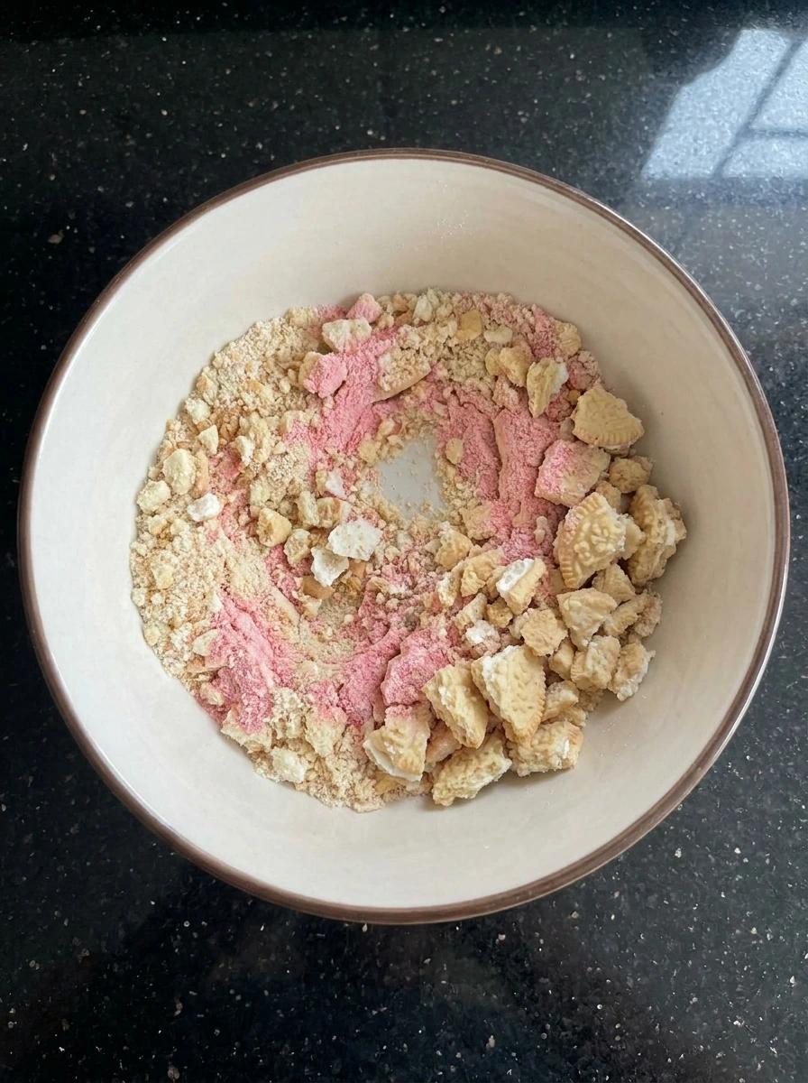 Crushed cookies mixed with strawberry powder for Strawberry Crunch Cheesecake Cups