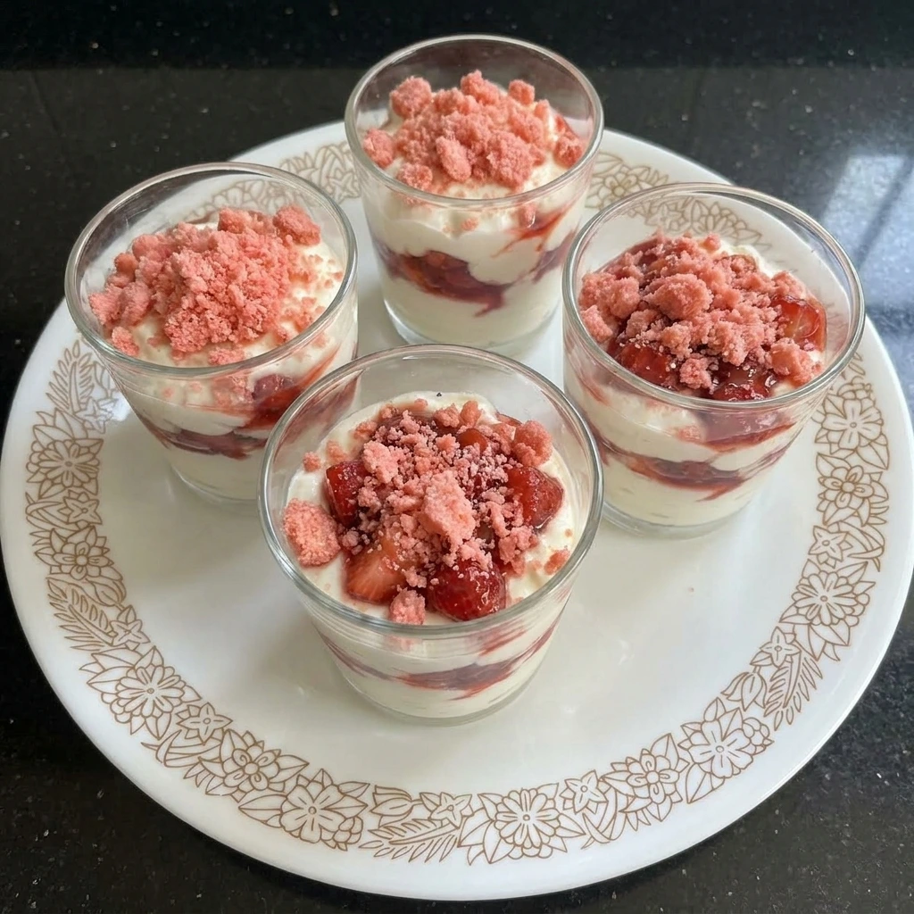 Finished Strawberry Crunch Cheesecake Cups with cookie crumble topping