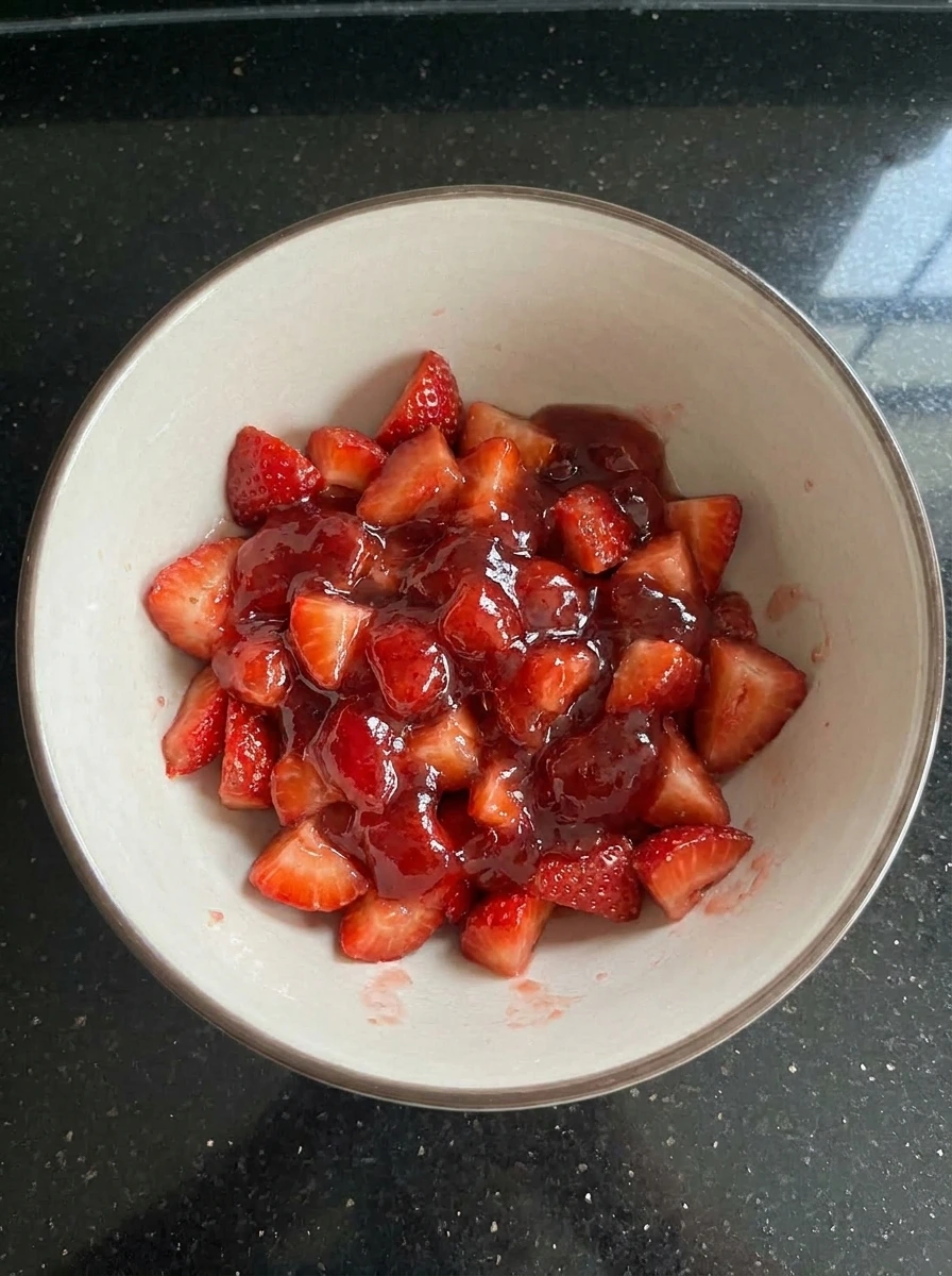 Chopped strawberries coated with preserves for Strawberry Crunch Cheesecake Cups