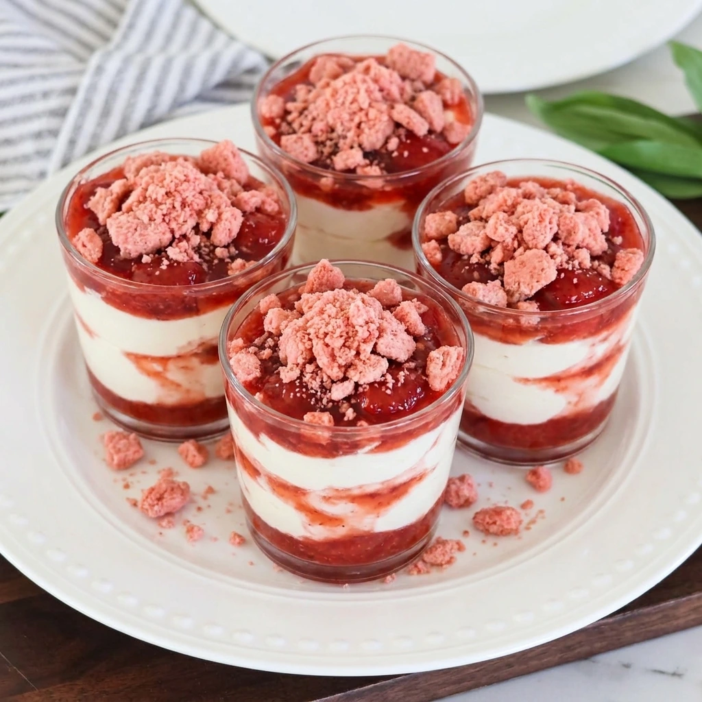 Strawberry Crunch Cheesecake Cups with creamy layers and pink cookie topping
