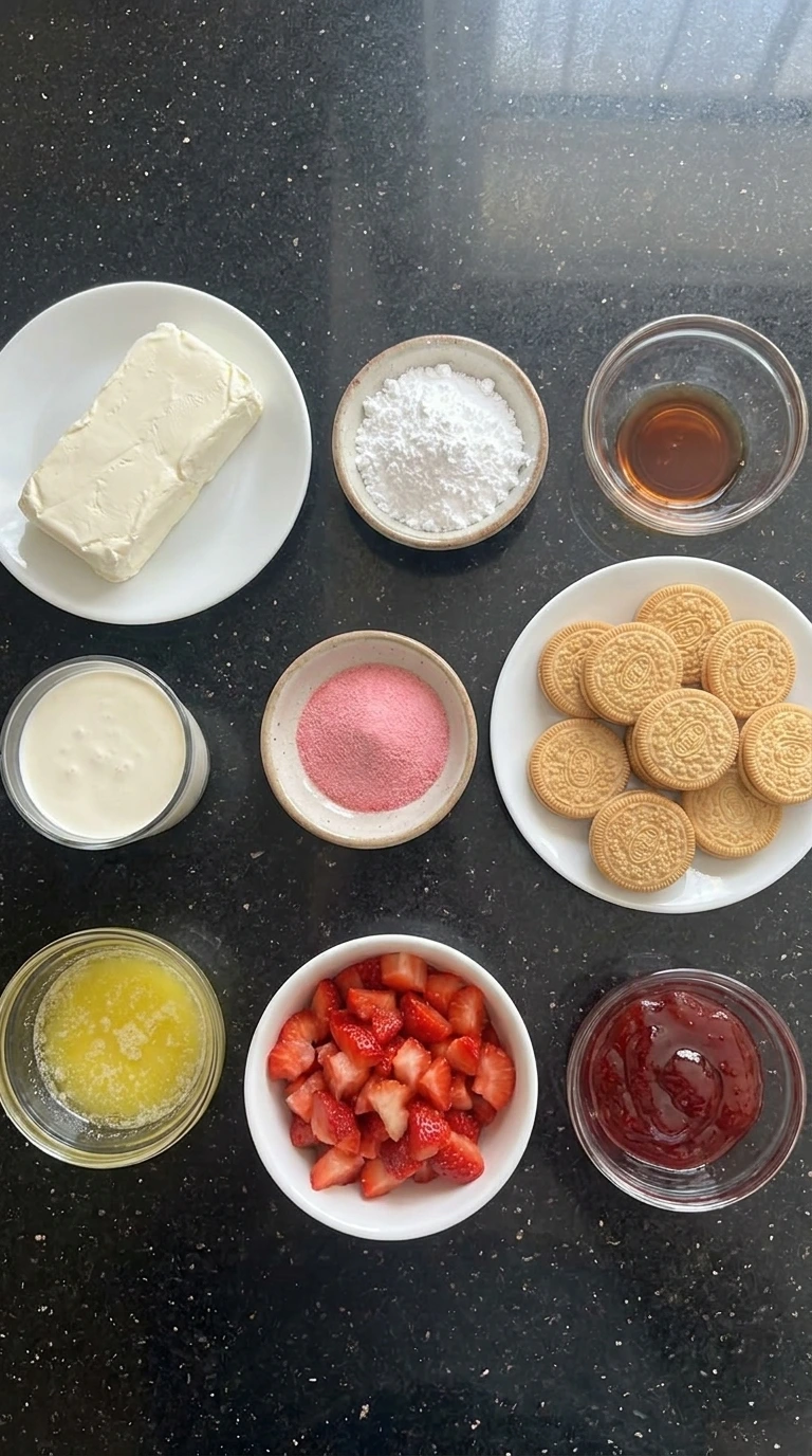 Ingredients for Strawberry Crunch Cheesecake Cups in separate bowls