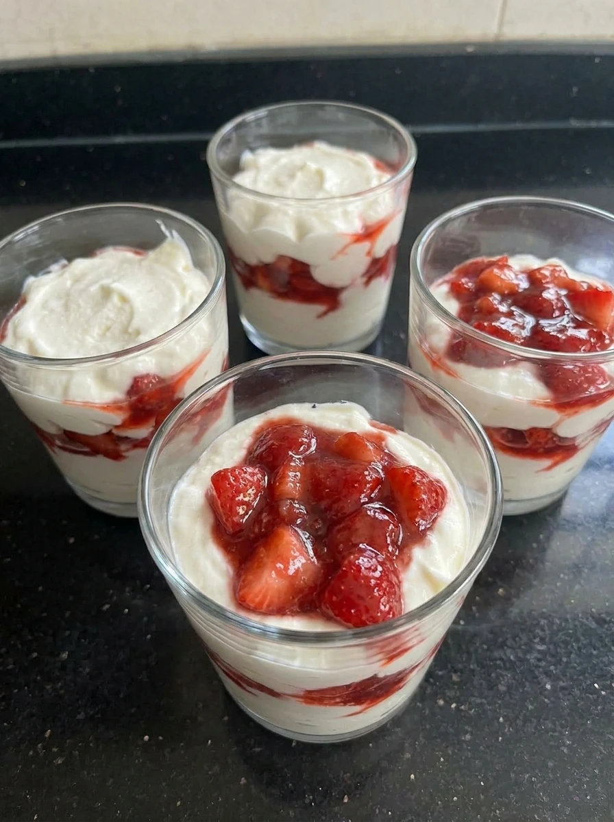 Layered Strawberry Crunch Cheesecake Cups before topping