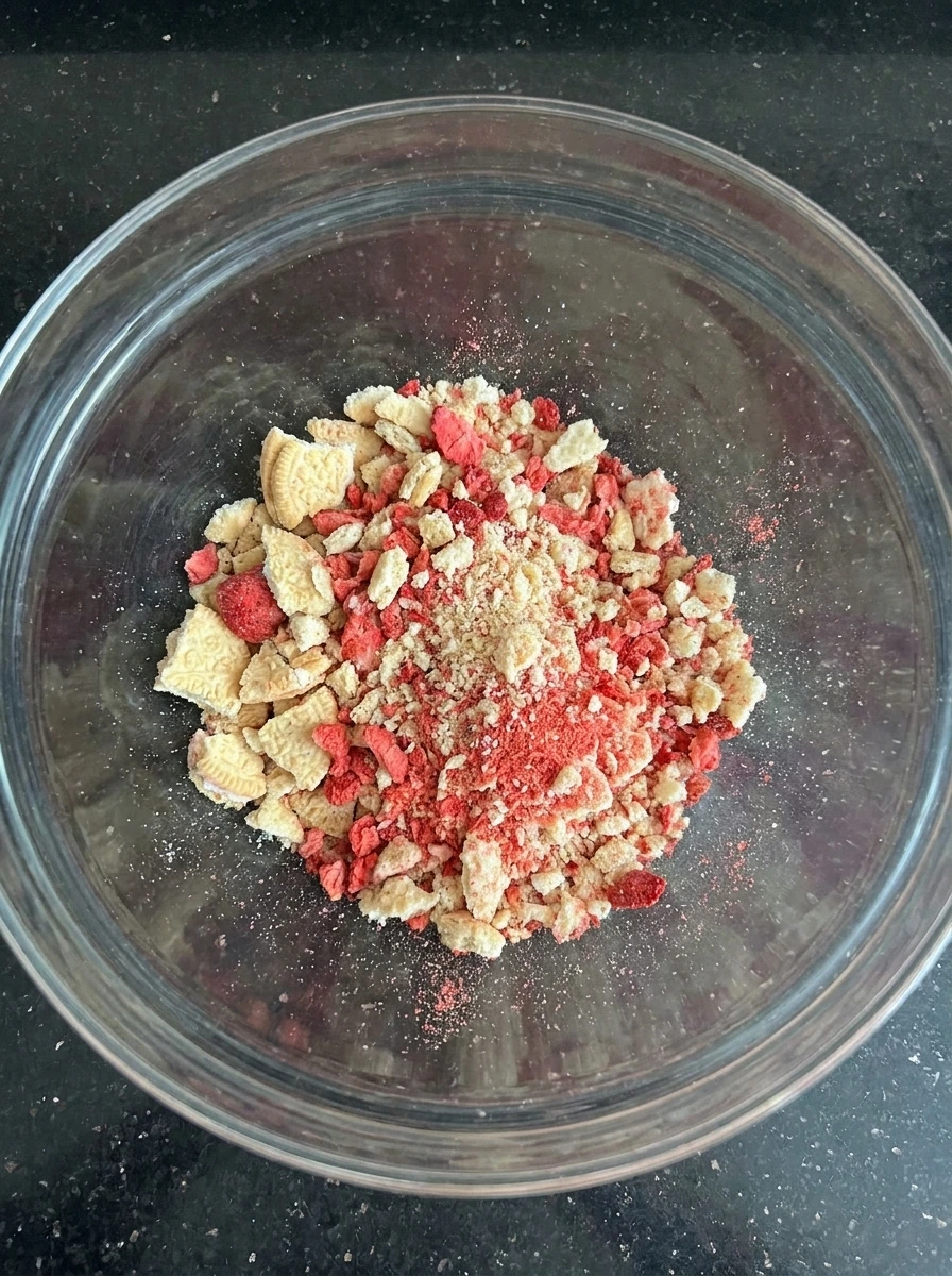 Crushed cookies and freeze dried strawberries for Strawberry Shortcake Ice Cream Bars