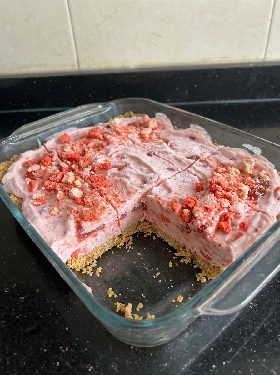 Frozen Strawberry Shortcake Ice Cream Bars sliced into pieces
