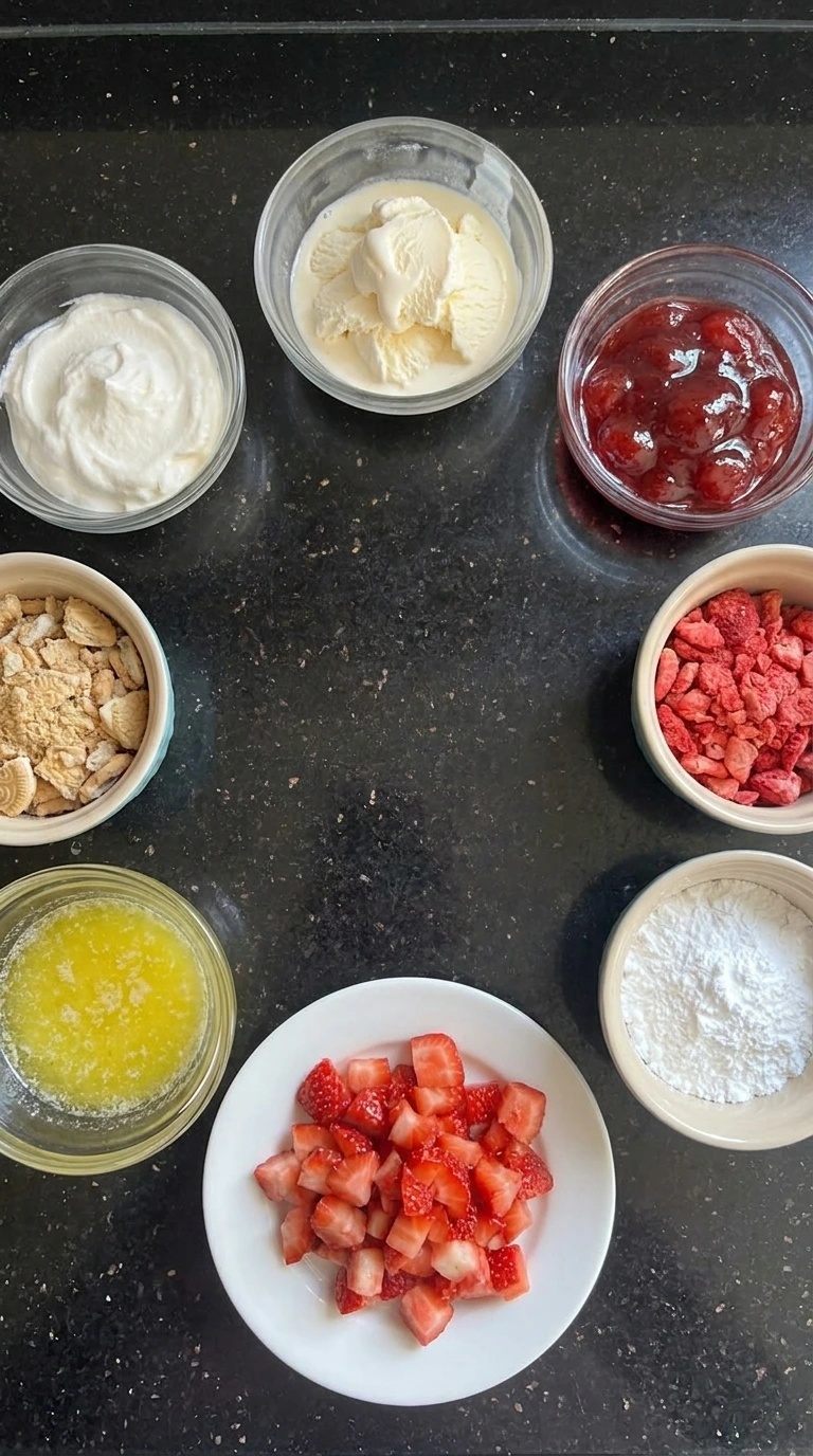Ingredients for Strawberry Shortcake Ice Cream Bars in separate small containers