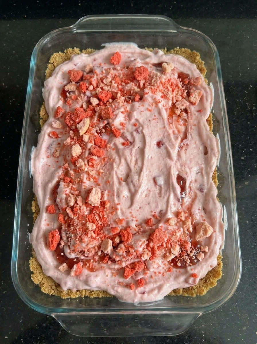 Strawberry crunch topping scattered over ice cream bars