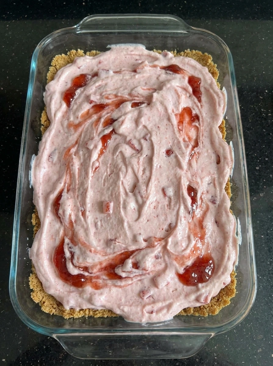 Strawberry ice cream filling spread over shortcake crust