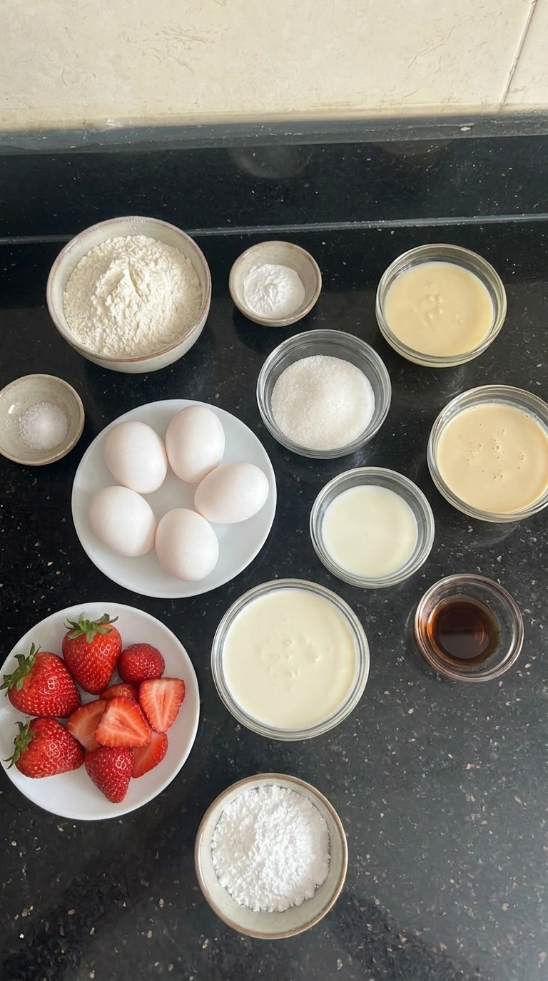 Ingredients for Strawberry Tres Leches Cake in separate bowls