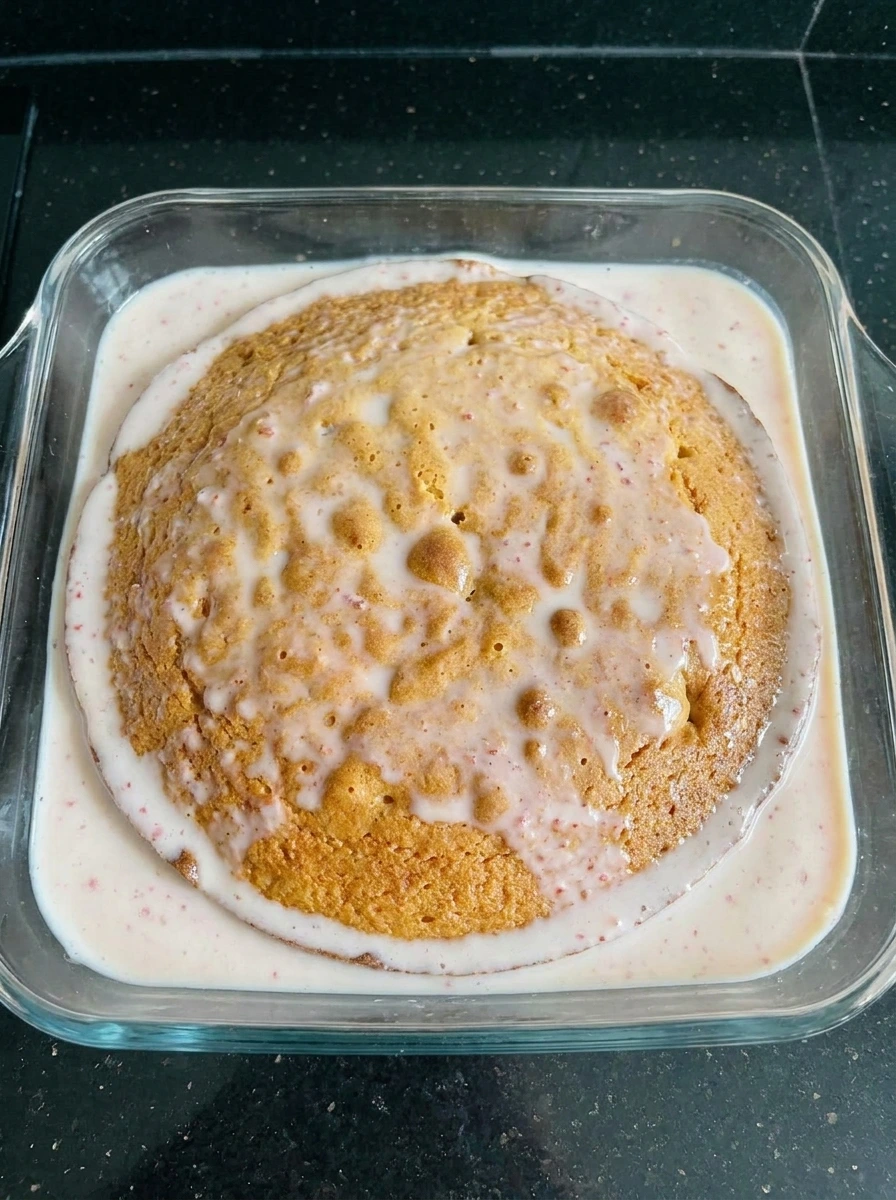 Strawberry milk soak poured over tres leches cake