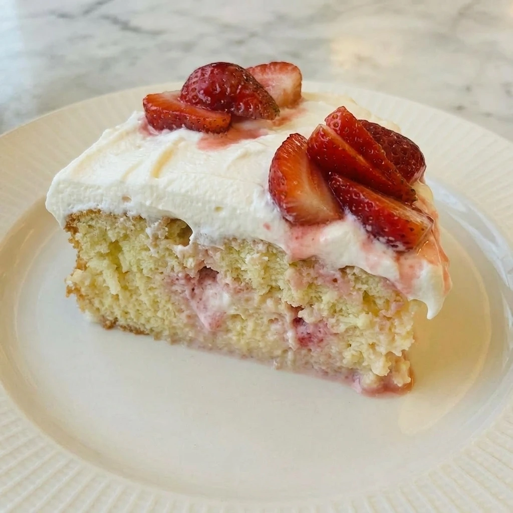 Slice of Strawberry Tres Leches Cake on a white plate