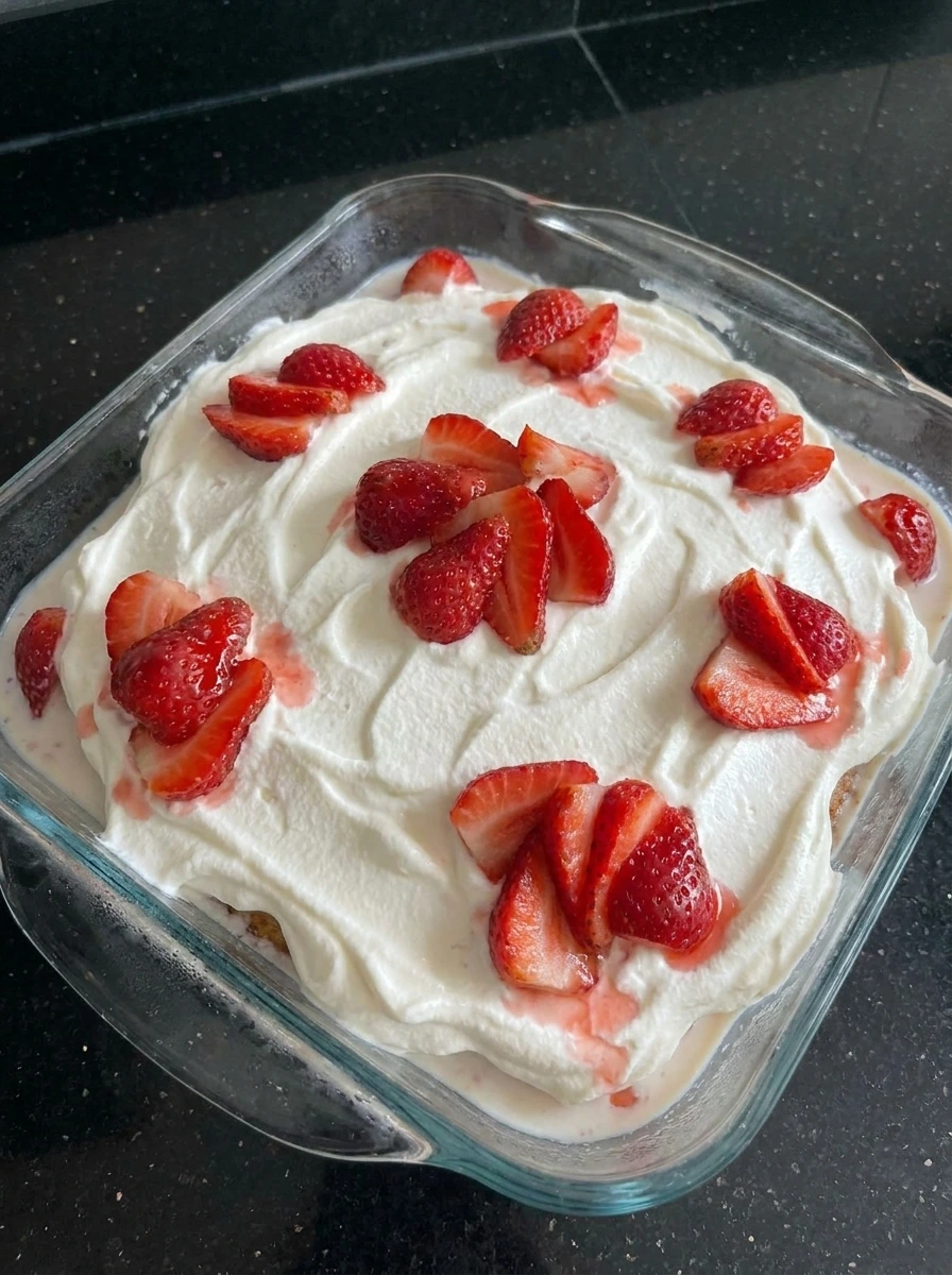 Strawberry Tres Leches Cake topped with whipped cream and berries