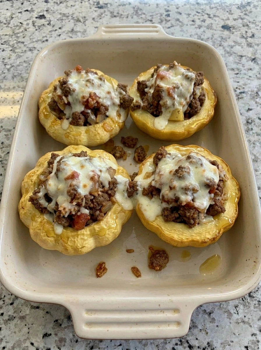 Baked Stuffed Patty Pan Squash with Ground Beef and melted cheese