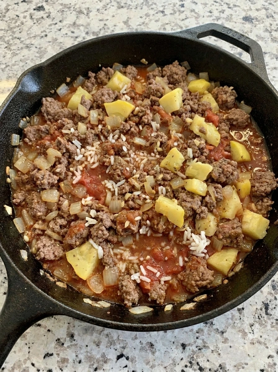 Beef rice and tomato filling for Stuffed Patty Pan Squash with Ground Beef