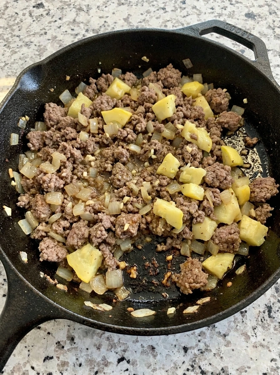 Ground beef browned with onion garlic and squash for stuffing