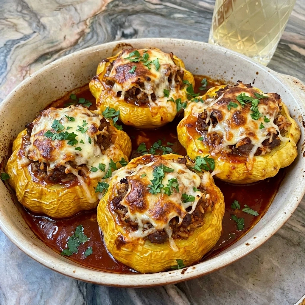 Stuffed Patty Pan Squash with Ground Beef baked with melted cheese