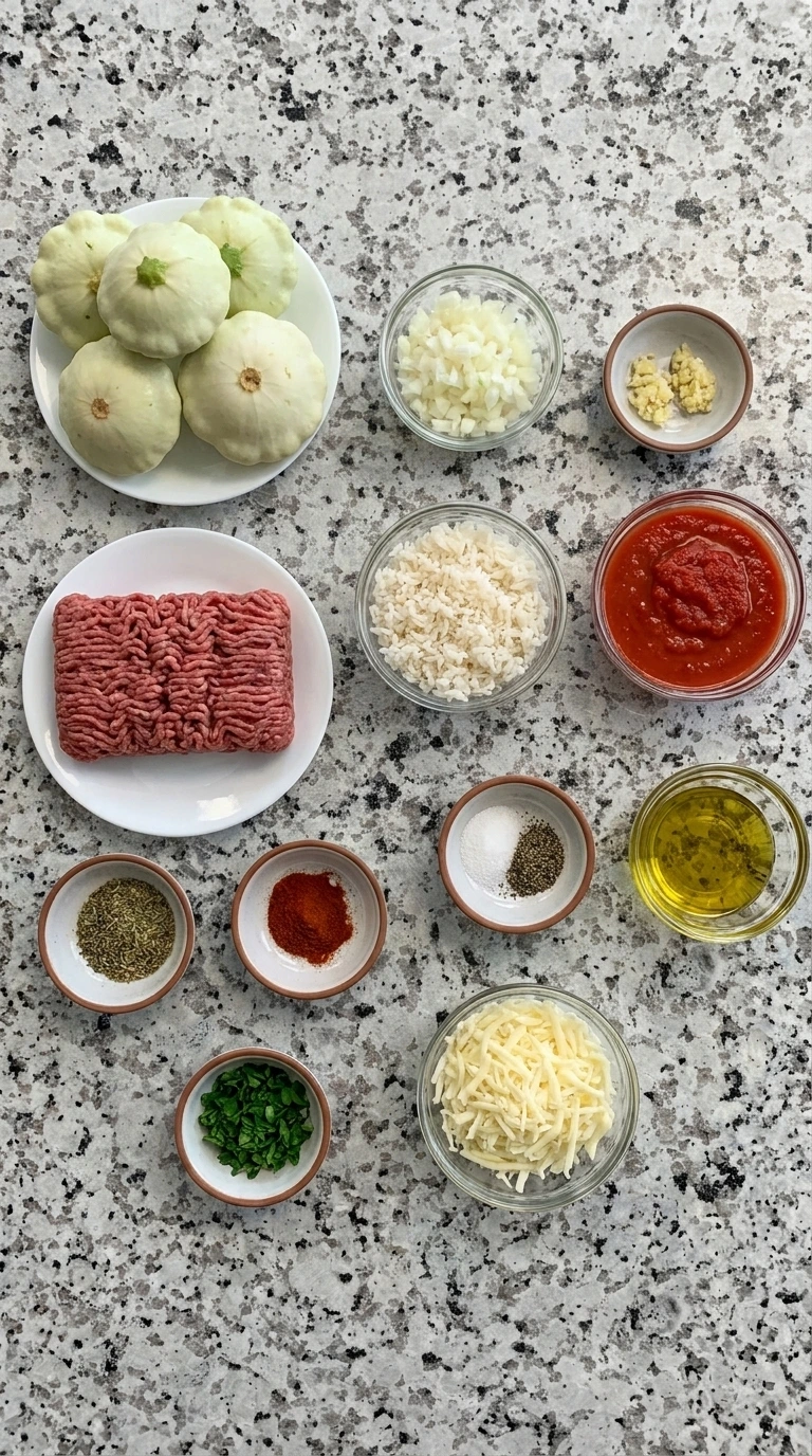 Raw ingredients for Stuffed Patty Pan Squash with Ground Beef