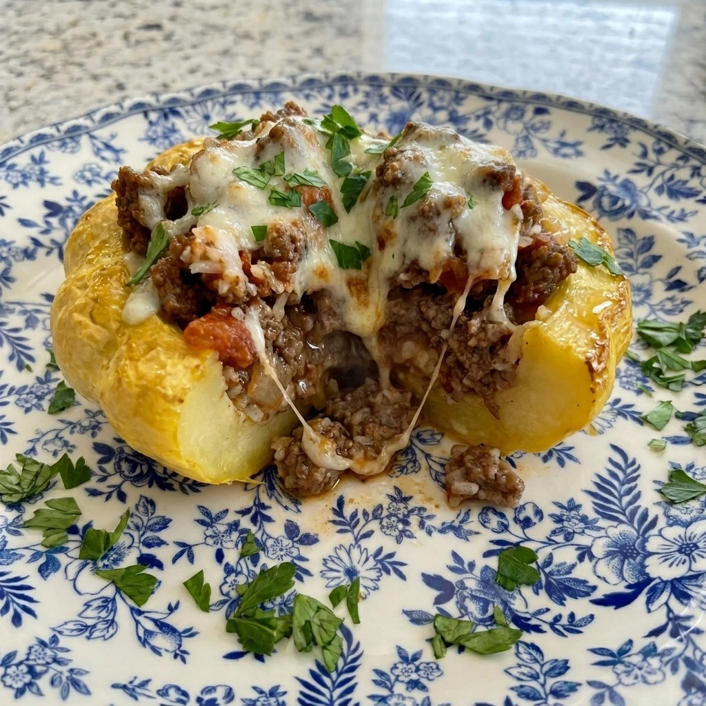 Served Stuffed Patty Pan Squash with Ground Beef portion