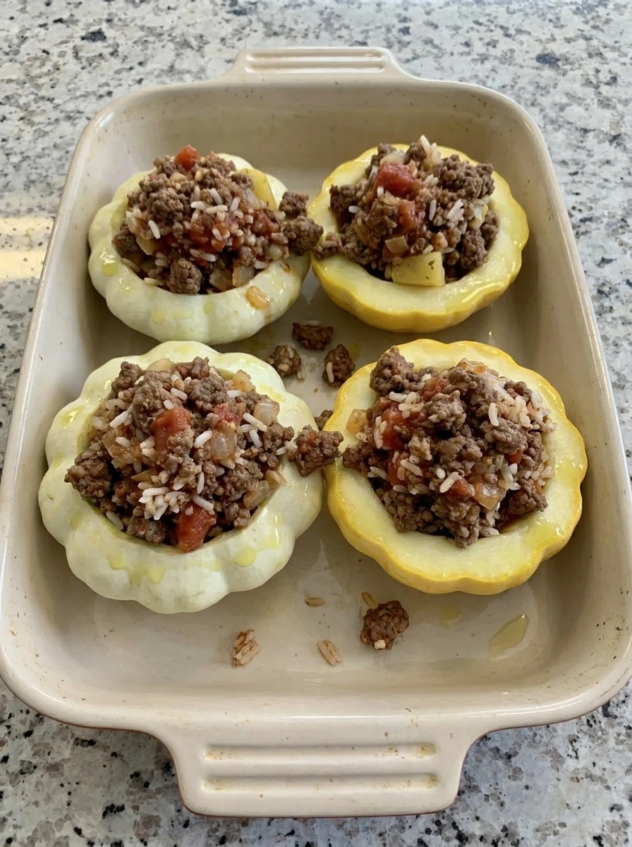Patty pan squash stuffed with ground beef filling