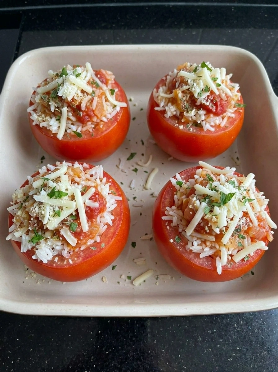 Tomatoes filled with rice and cheese mixture