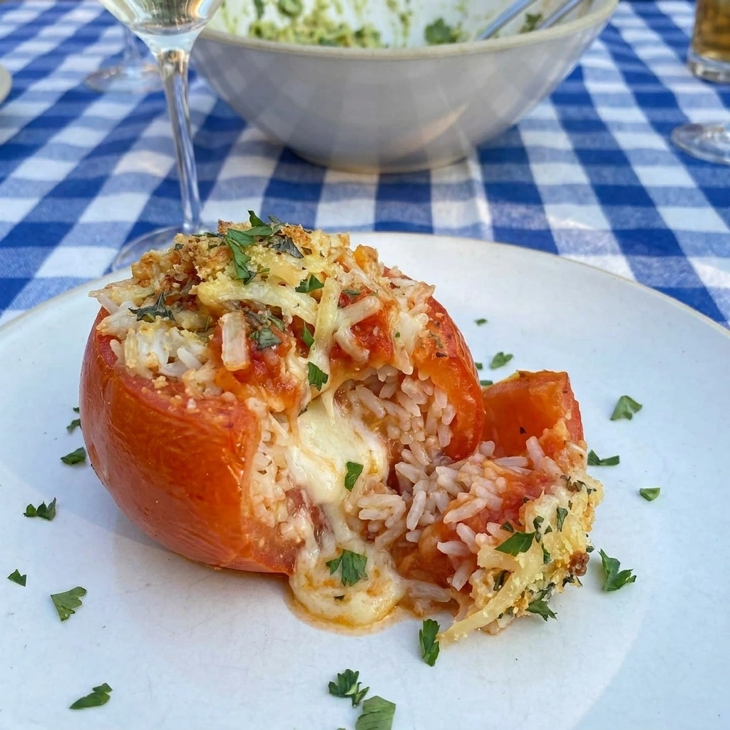 One Stuffed Tomato cut open on a plate