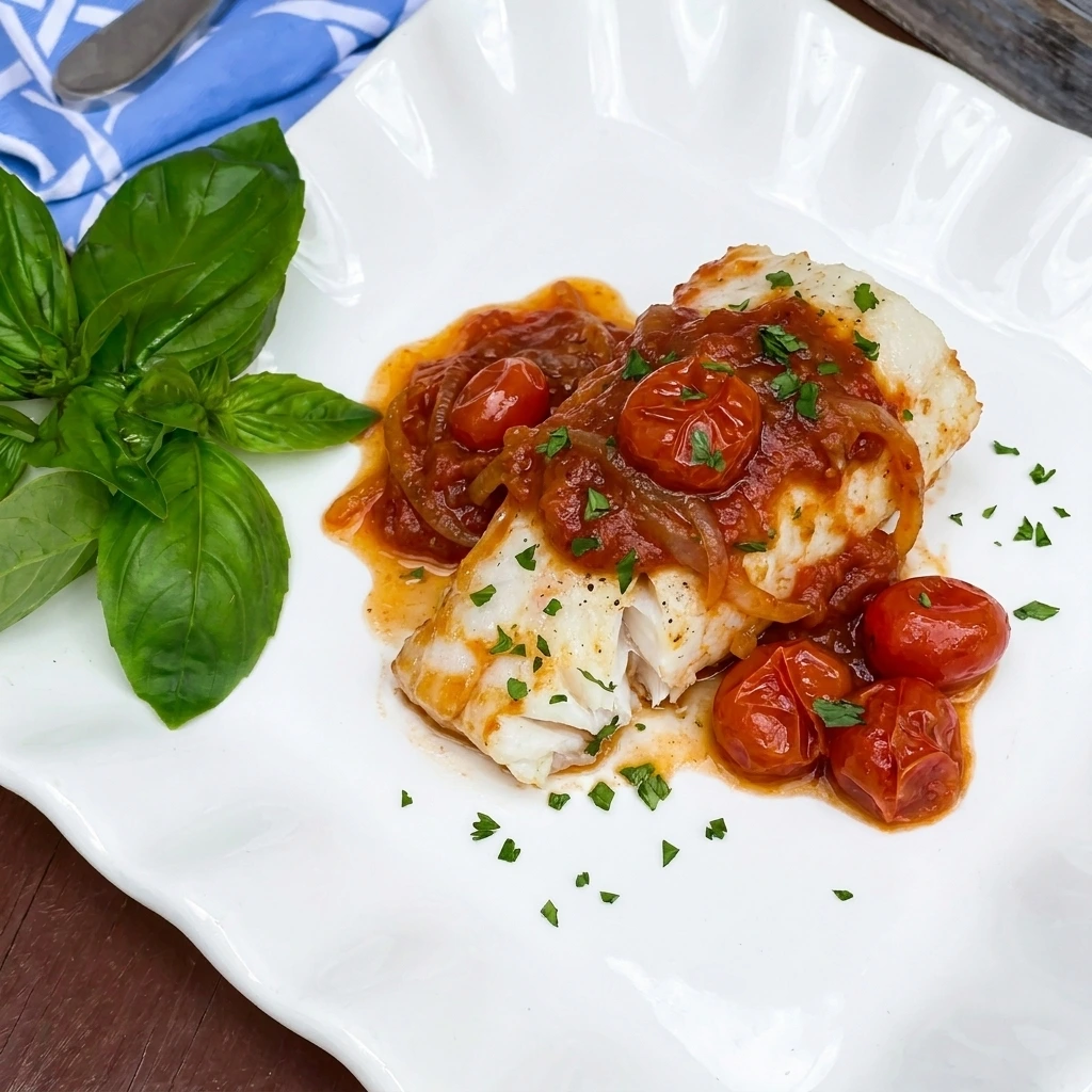Single serving of Tomato Braised Fish on a white plate
