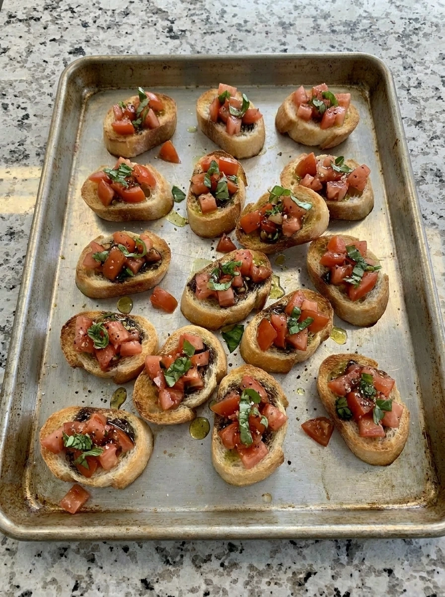 Tomato topping spooned over toast for Tomato Bruschetta