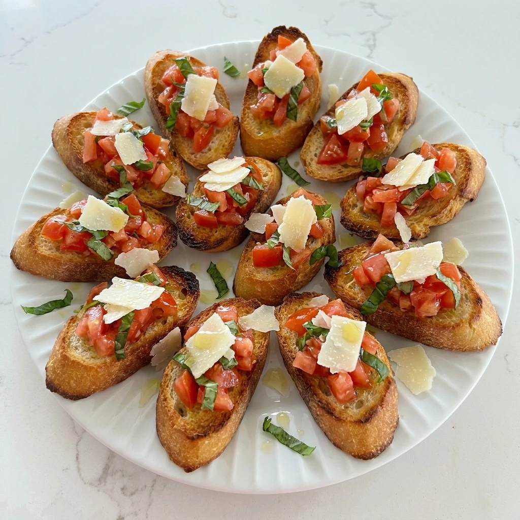 Tomato Bruschetta on toasted baguette with basil and parmesan