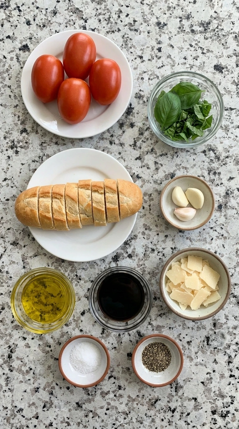 Tomato Bruschetta ingredients in separate bowls and plates