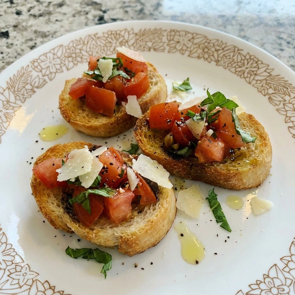 Single serving of Tomato Bruschetta with parmesan and basil