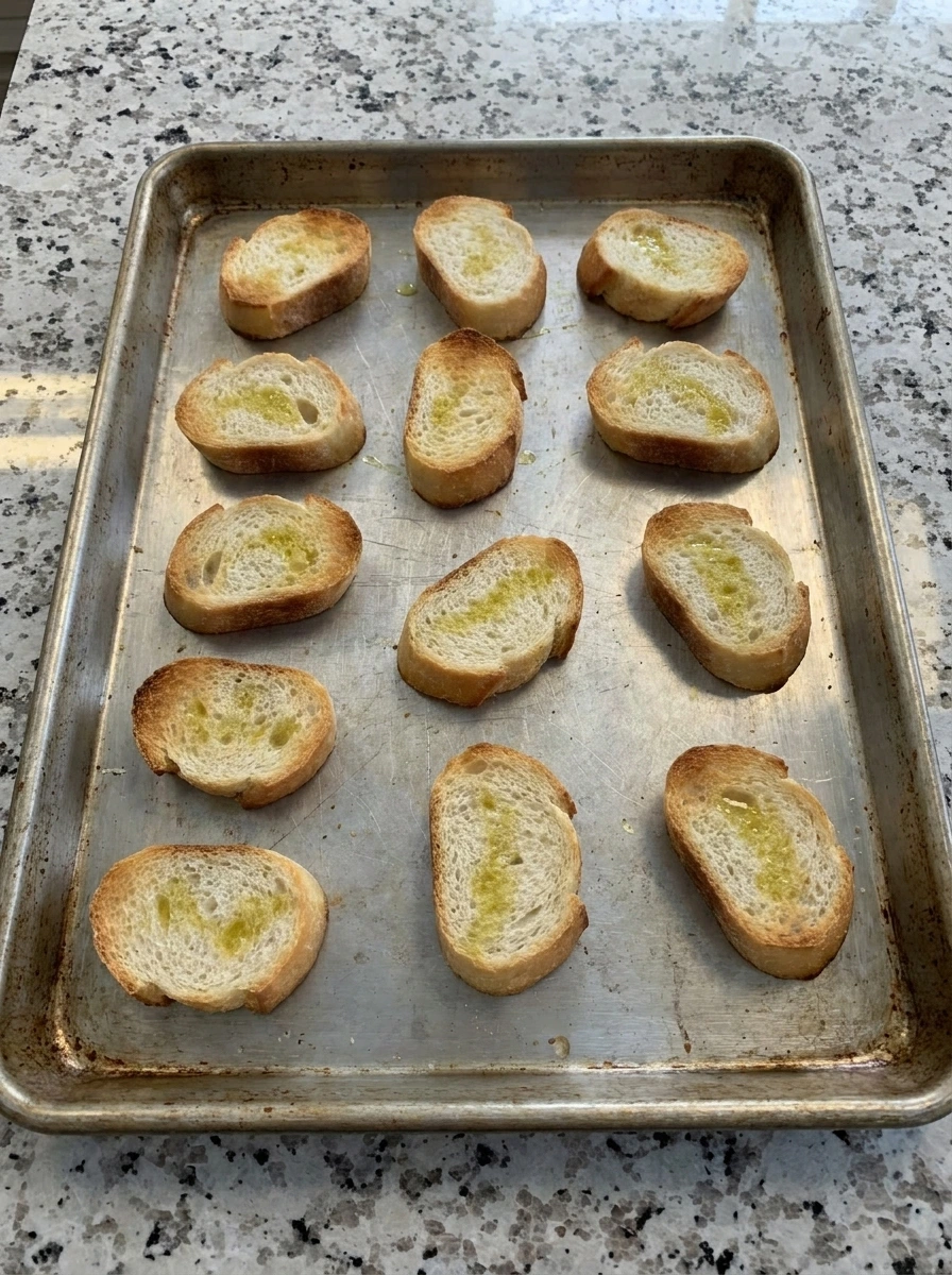 Toasted baguette slices for Tomato Bruschetta